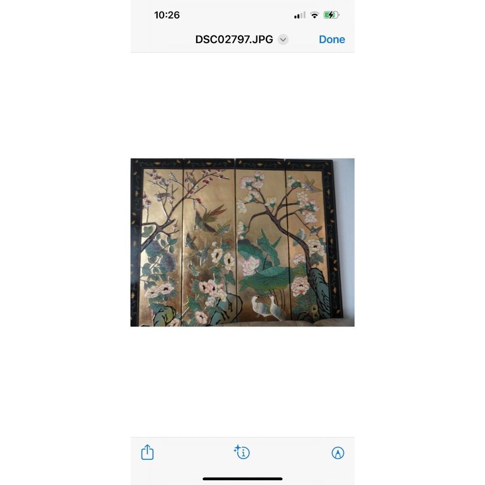 Vintage 1950's Oriental Asian Chinioiserie Gold Coromandel 4 Panel Screen Divide
